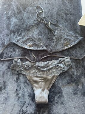 ekattire Charcoal Lace Satin Bralette & Thong Set